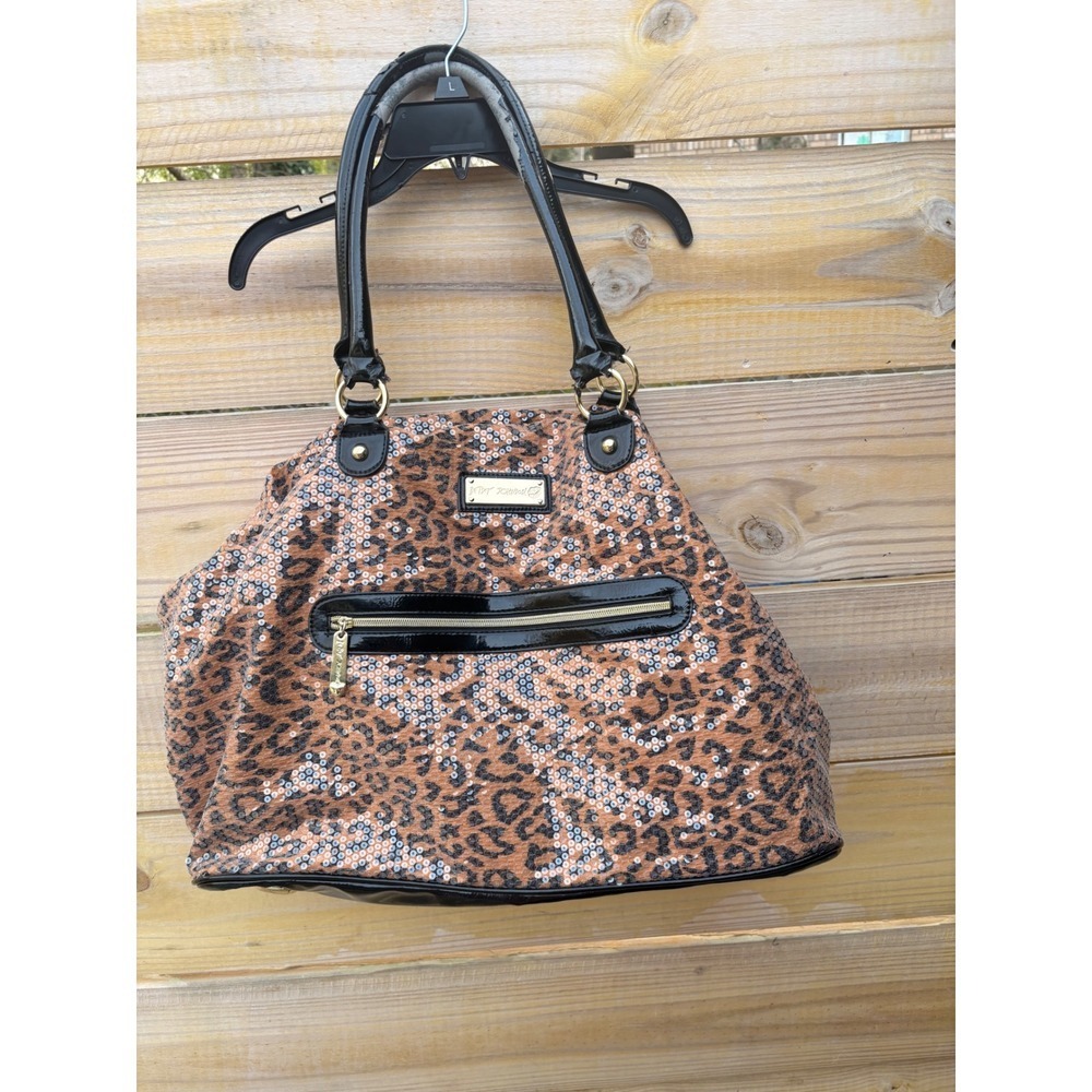 Betsey Johnson Leopard Print Sequin Shoulder Bag Black Patent Trim Gold Hardware - Picture 2 of 15